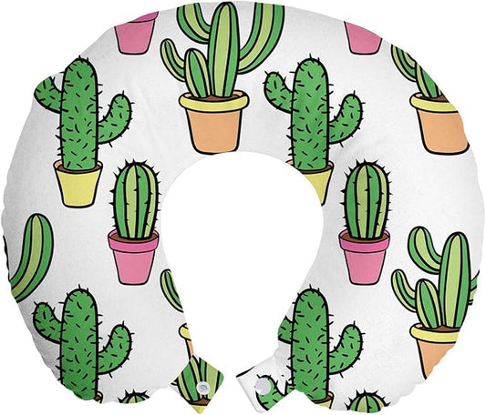 Ambesonne Cactus Travel Pillow Neck Rest, Vases and Pots with Flowers Cartoon Drawing Colorful Summer Plants Design, Memory Foam Traveling Accessory for Airplane and Car, 12", Peach Pink Green