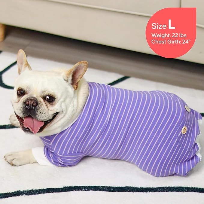 KYEESE Dog Pajamas Soft 4 Legs Doggie Jammies Striped Dog PJS Pet Jumpsuit Lightweight Puppy PJS Clothes Breathable Pajamas Stretchable Outfit Cozy Onesie Sleepwear for Summer,Purple Striped, Small