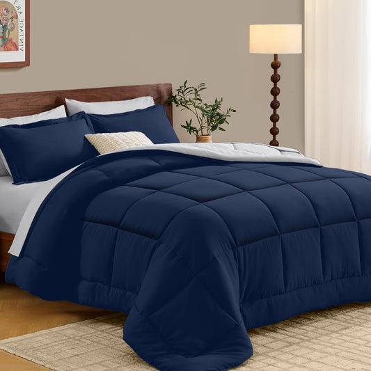 FUANNA Queen Comforter Set 7 Pieces, Reversible Bed in a Bag with All Season Soft Comforter, Bedding Sets Includes Comforter, Flat Sheet, Fitted Sheet, Pillowcases & Shams, Navy Blue & Light Grey