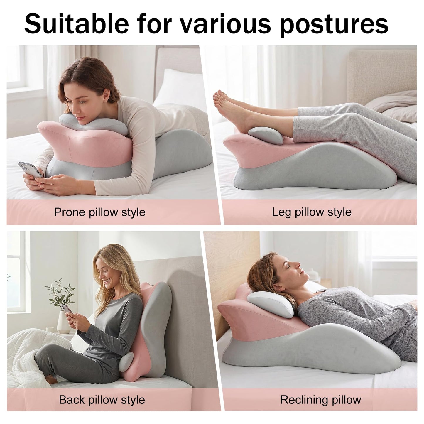 cjc Ergonomic Memory Foam Wedge Pillow 27° Support for Neck,Back and Waist,Multi-Position Bed Support Pillow with Removable Cover (Pink Gray)