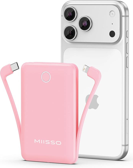 miisso 10000mAh Mini Portable Charger with Built in Cable, Pocket Size Power Bank Travel External Battery Pack for Phone, 3 Output USB Type C Cord Clutch Compatible with iPhone, Samsung, Pink