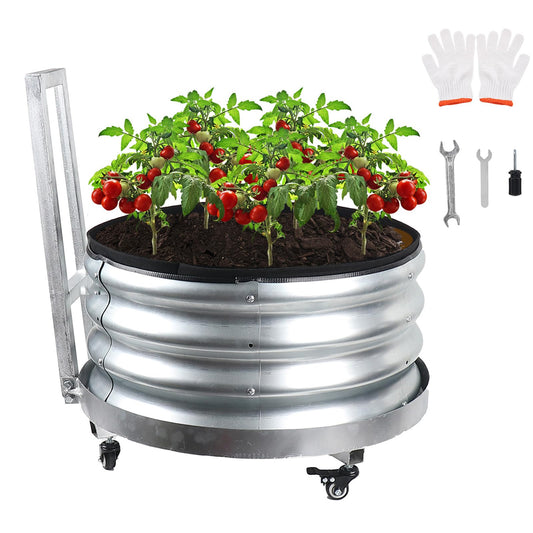 Rolling Planter Metal Raised Garden Bed Outdoor with Wheels, 2×2×1.5ft Galvanized Large Tree Pots with Rubber Edge, Includes Geotextile Liner, Mesh Drainage Tray, Mobile Vegetable Flower Planter Box
