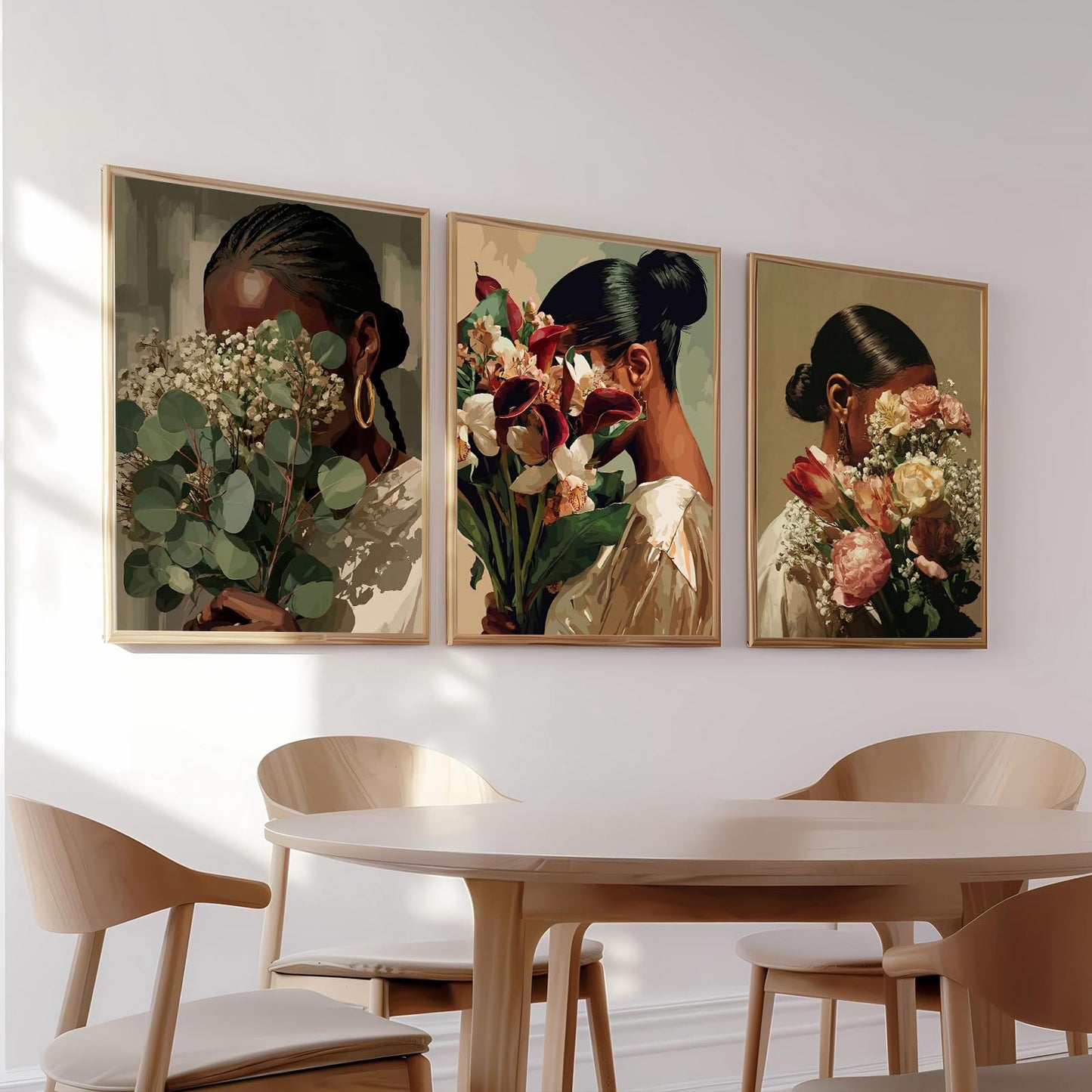 Black Woman Flower Wall Art Set of 3 African American Woman Canvas Wall Decor Black Girl Canvas Posters Trendy Boho Artwork Aesthetics Prints for Home Bedroom Living Room Dorm 12x16 Inch, Unframed