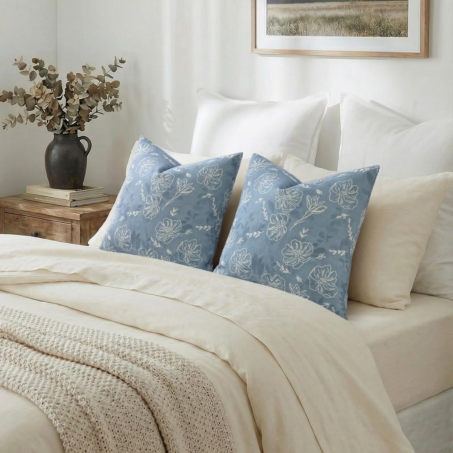 decorUhome Floral Botanical Pillow Covers 20x20 Set of 2, Faux Linen Decorative Throw Pillow Covers with White Line Flower Print for Couch Sofa Bed, Blue