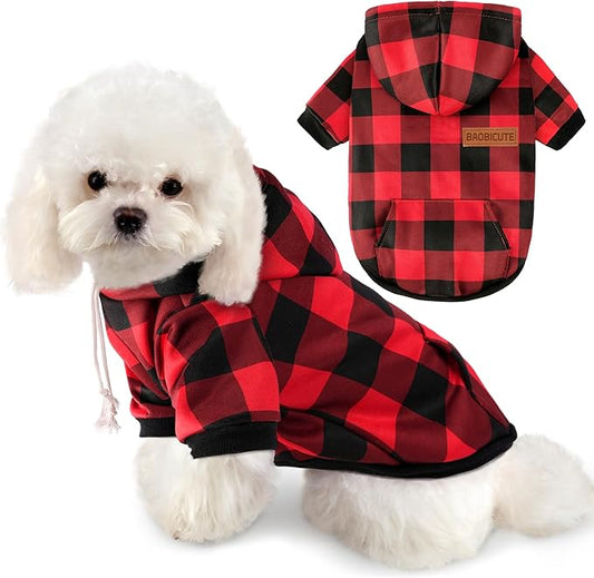 BAOBICUTE Dog Basic Hoodie Soft Dog Clothes Cold Weather Sweaters for Medium Large Dogs Cozy Fabric Warm Sweatshirt with Leash Hole (Red Plaid, S (Back: 12.6",Chest:18.11", Neck: 13.78"))