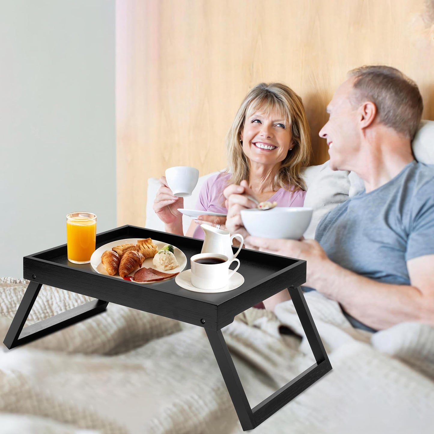 Kaukinye Bamboo Bed Tray Table with Foldable Legs, Breakfast Tray (Black)