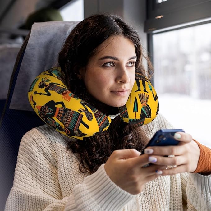 Neck Travel Pillow, Breathable Memory Foam Chin & Head Support Cushion Traditional African Women Art Yellow for Airplane Car Sleeping Rest