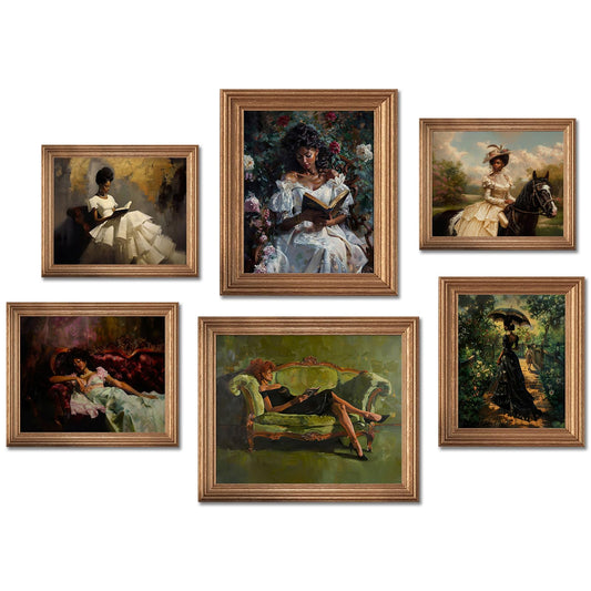 Eclectic Wall Art Decor Black Women Reading Canvas Prints Set Of 6 African American Victorian Wall Art Modern Maximalist Artwork Prints Vintage Gallery Set Funky Posters for Home Decor 8x10in Unframed