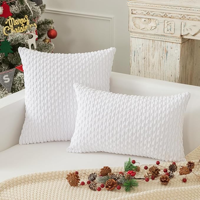 Kevin Textile 2 Packs Throw Pillow Covers for Couch Striped Velvet Cushion Covers for Chair 40x40 cm 16 x 16 Inch Pure White