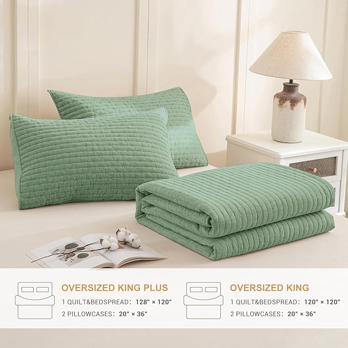 Sanracie Stonewashed Oversized King Quilt(120"x120"), Cotton Green Cross Stitch Pattern California King Quilt Sets 3Pcs Ultra Soft Breathable Crinkle Bed Coverlet Set for All Season