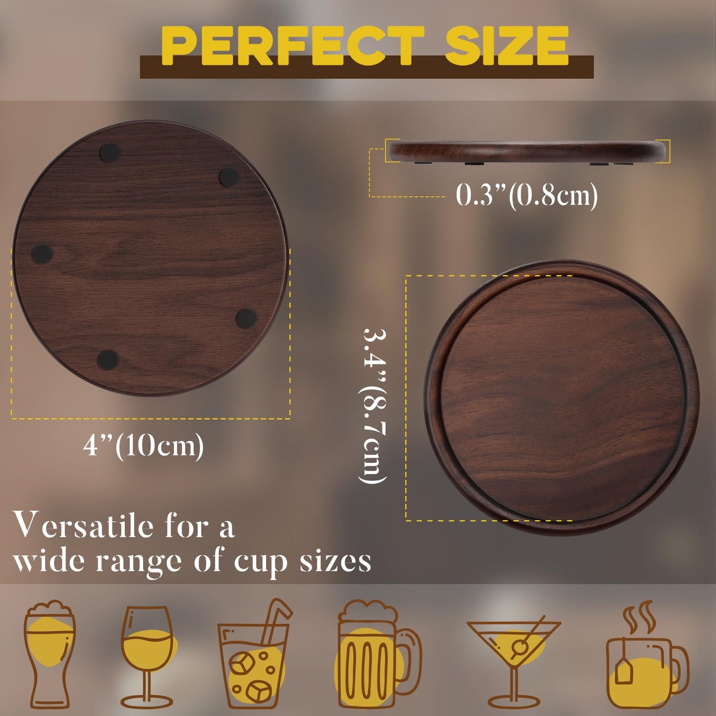 Wood Coasters with Metal Holder, GOH DODD Set of 8 Walnut Wooden Coaster Tabletop Protection for Drinks Coffee Table Home Kitchen Office Bar Living Room Decor Housewarming Gifts Wedding Party, 4 Inch