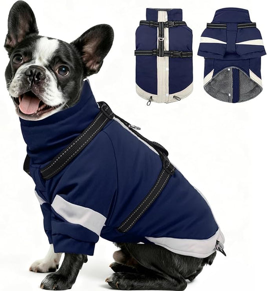 MIGOHI Snowproof Dog Jacket with Harness Reflective Small Dog Coat with Sleeves,Waterproof Fleece Winter Puffer Jacket for Dogs,Turtleneck Puppy Coats for Dogs Chilly Day,S,NavyBlue