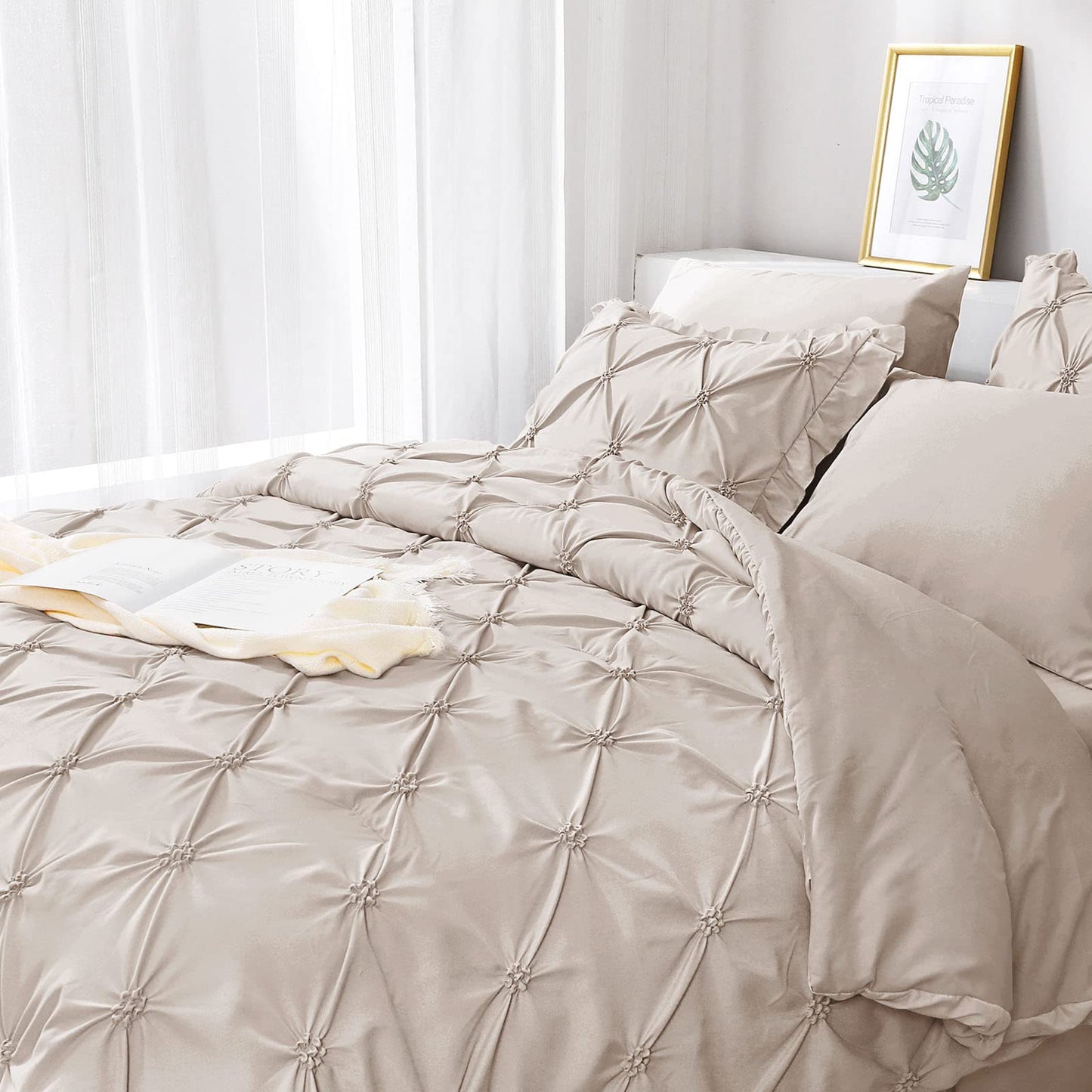 JOLLYVOGUE Queen Comforter Set 7 Pieces, Beige Bed in a Bag Comforter Set for Bedroom, Bedding Comforter Sets with Comforter, Sheets,Ruffled Shams & Pillowcases