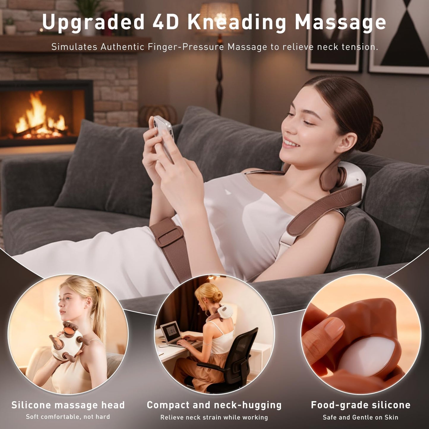 LIDEEYA 4D Wireless Neck and Shoulder Massager, Bionic Hands Deep Tissue Shiatsu Neck Massager with 3 Relaxation Modes, Portable Electric Kneading Massager for Home Office, Holiday Gift