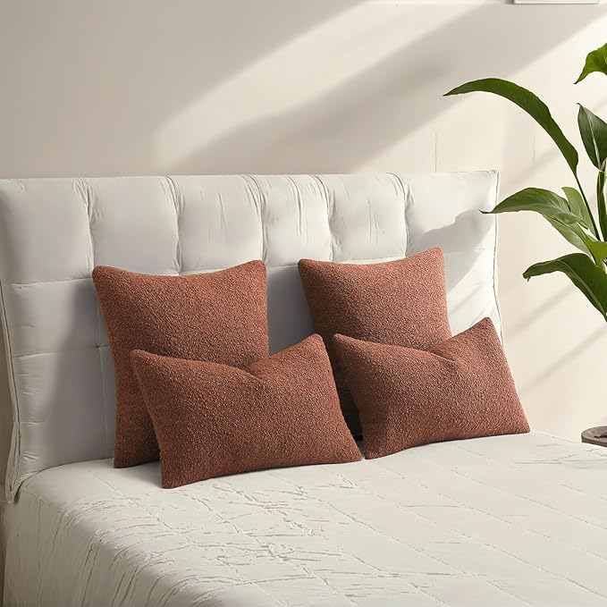 HAUSSY Set of 2 18x18 Decorative Throw Pillow Covers, Soft Cozy Textured Boucle Couch Cases, Home Decor for Couch Bed Living Room, Rust