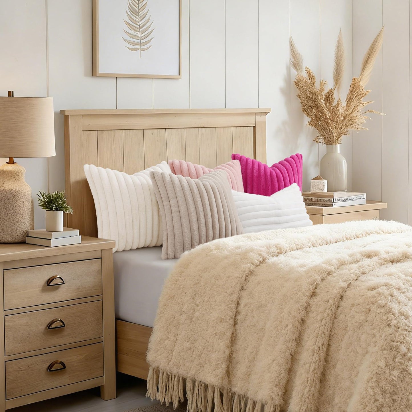 decorUhome Summer Cozy Faux Fur Throw Pillow Covers 12x20 Set of 2 Decorative Soft Plush Striped Lumbar Modern Farmhouse Boho Couch Pillow Cases with Velvet Back for Sofa Bed Living Room, Cream White