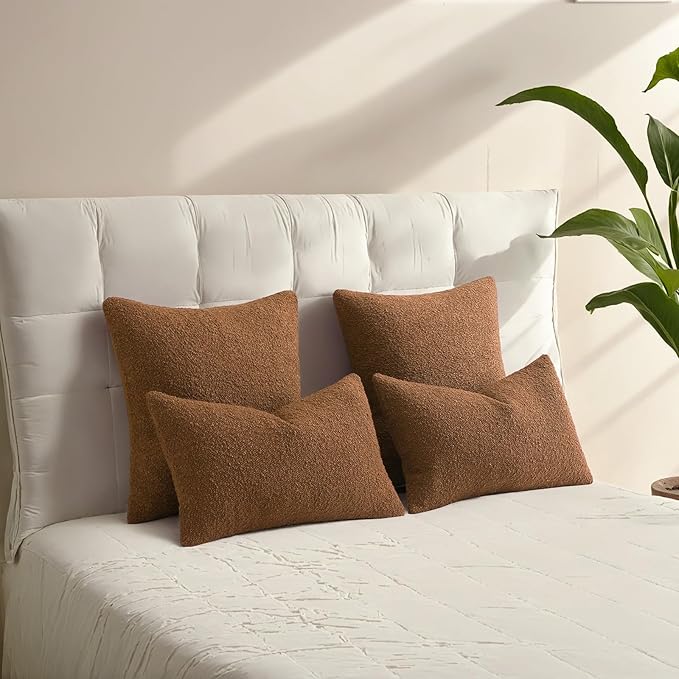 HAUSSY Set of 2 18x18 Decorative Throw Pillow Covers, Soft Cozy Textured Boucle Couch Cases, Home Decor for Couch Bed Living Room, Tobacco