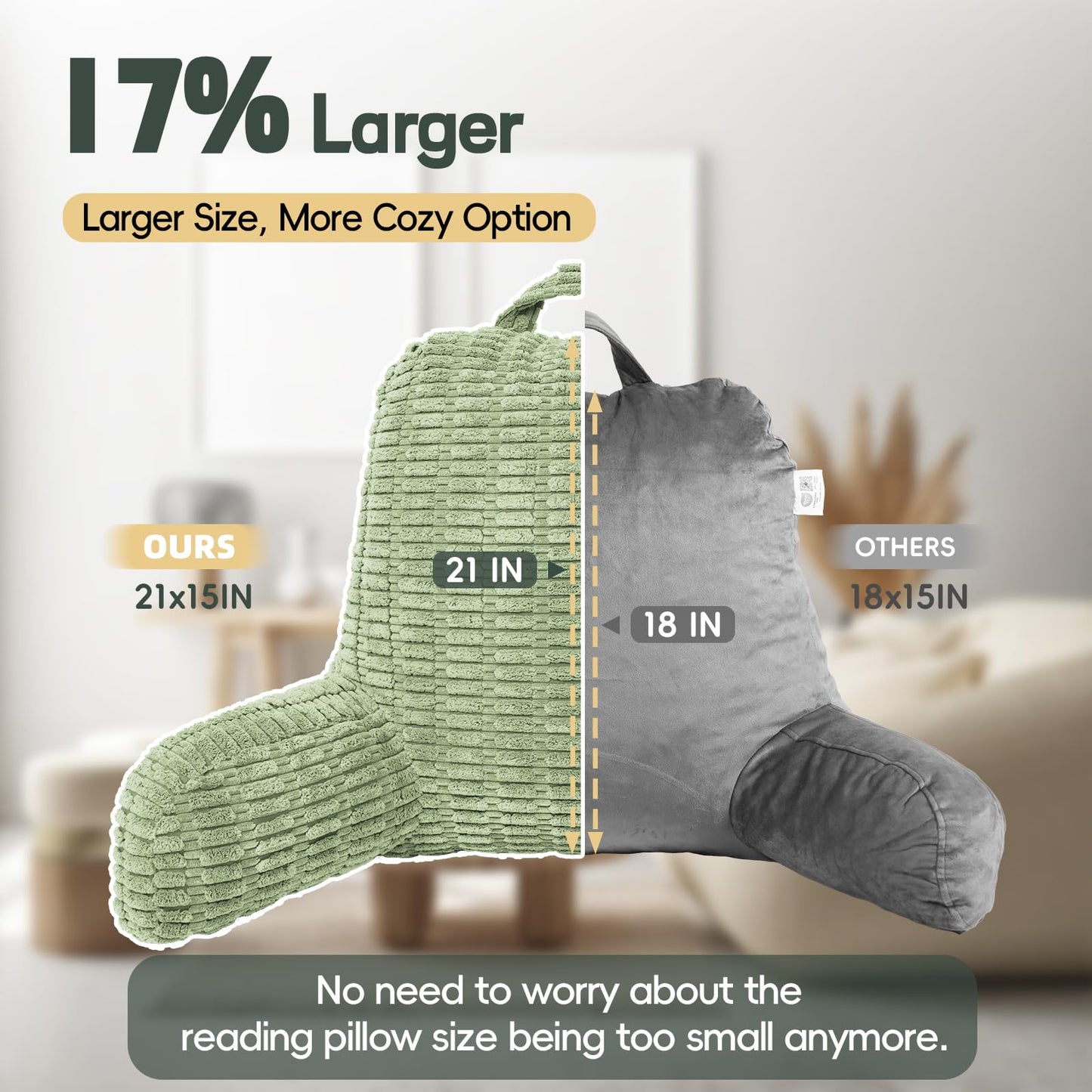 LUISOF 21" Higher Large Reading Pillow for Bed Adult, Back Pillow for Bed Sitting Up with Memory Foam Back Support with Arms Rest for Couch Chair Sage Green