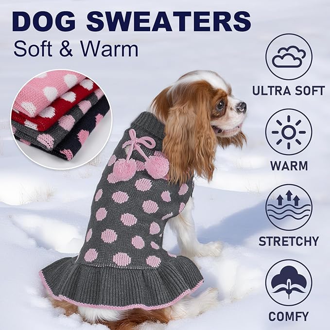 KYEESE Dog Sweater Dress Polka Dot Turtleneck Dogs Sweaters for Girl with Leash Hole Knit Pullover with Pom Pom Ball