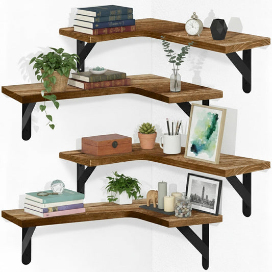 Jeffbaubl 4Pcs Corner Floating Shelves, L-Shaped Wall Mounted Shelf, Wall Mounted Wood Shelves for Storage and Decor, Rustic Wood Corner Shelf for Kitchen Living Room Bedroom, Light Brown