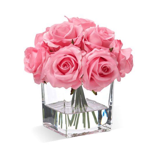WELL KNOWN Rose Artificial Flowers in Vase with Faux Water, Silk Rose Table Centerpieces for Home Coffee Table Decor, Fake Roses Flower Arrangements for Office Hotel Lavatory Decor (Pink)