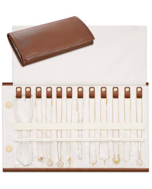 Lolalet Travel Necklace Organizer, Tangle-Free Necklace Case for Travel, Foldable Roll Up Jewelry Storage Bag for Necklaces Chains Bracelets, Caramel, 12 Slots Holder