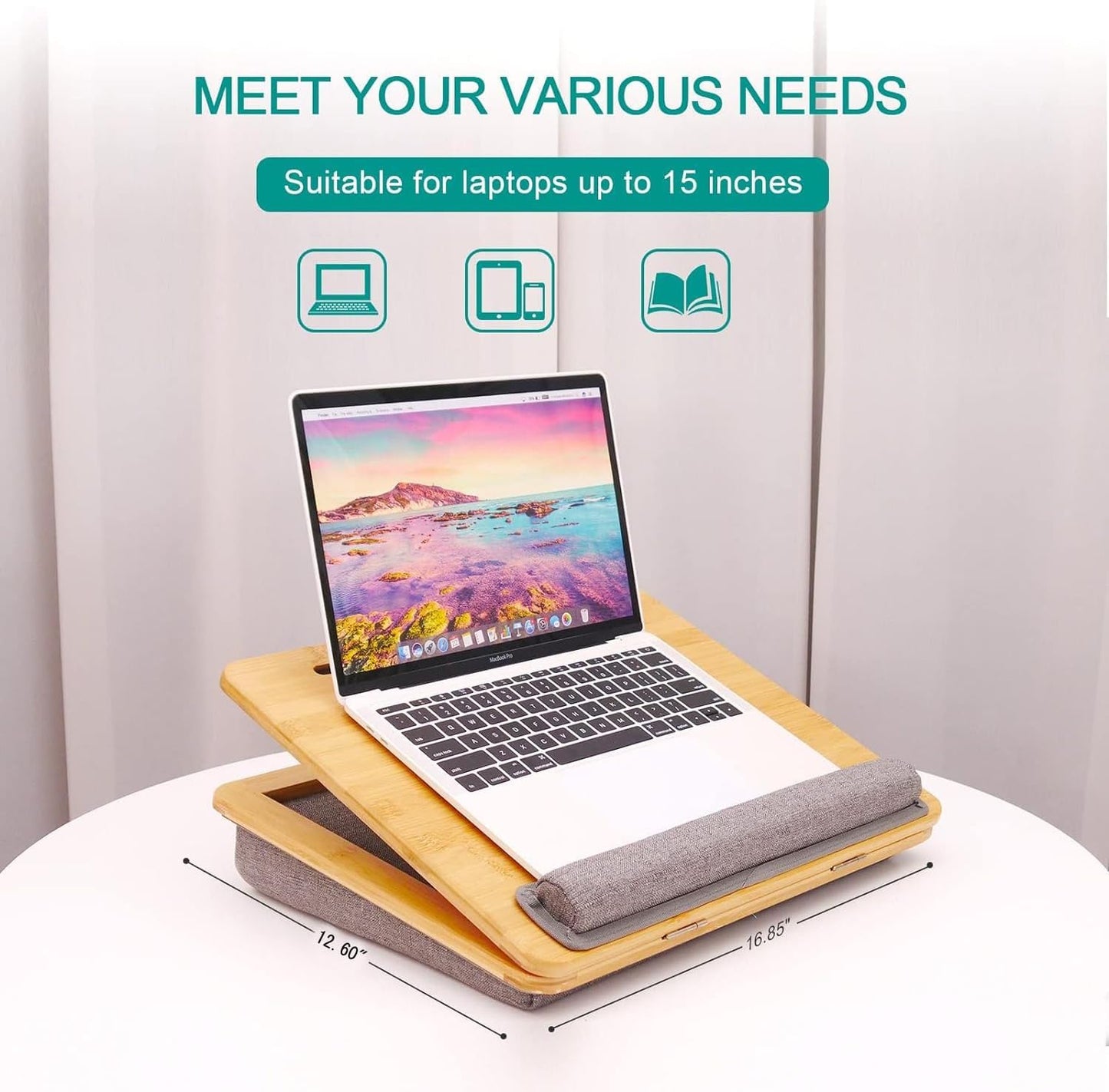 Adjustable Bamboo Lap Desk with Cushion - 5 Tilting Angles Ergonomic Laptop Bed Tray for Computers 15 inches or Less, Phone & Tablet Holder Slot, Dual Bolster for Comfort on Couch, Bed, Sofa & Car