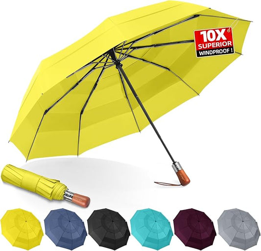 Umbrellas for Rain, 47" Large Windproof Travel Umbrella, Triple-Layer Vented Canopy, 10 Fiberglass Ribs, Auto Open Close Compact Umbrella, Wooden Handle, Heavy Duty for Commute, Gifts for Men & Women