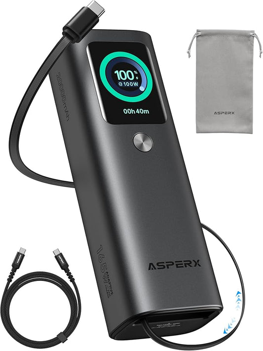 AsperX Laptop Power Bank, 165W 20,000mAh, Retractable Cables, Aluminum Alloy Unibody Portable Charger Power Bank, Battery Bank for MacBook Pro/Air/iPhone 17/iPad Pro/S25 Ultra/Dell/HP(TSA-Approved)