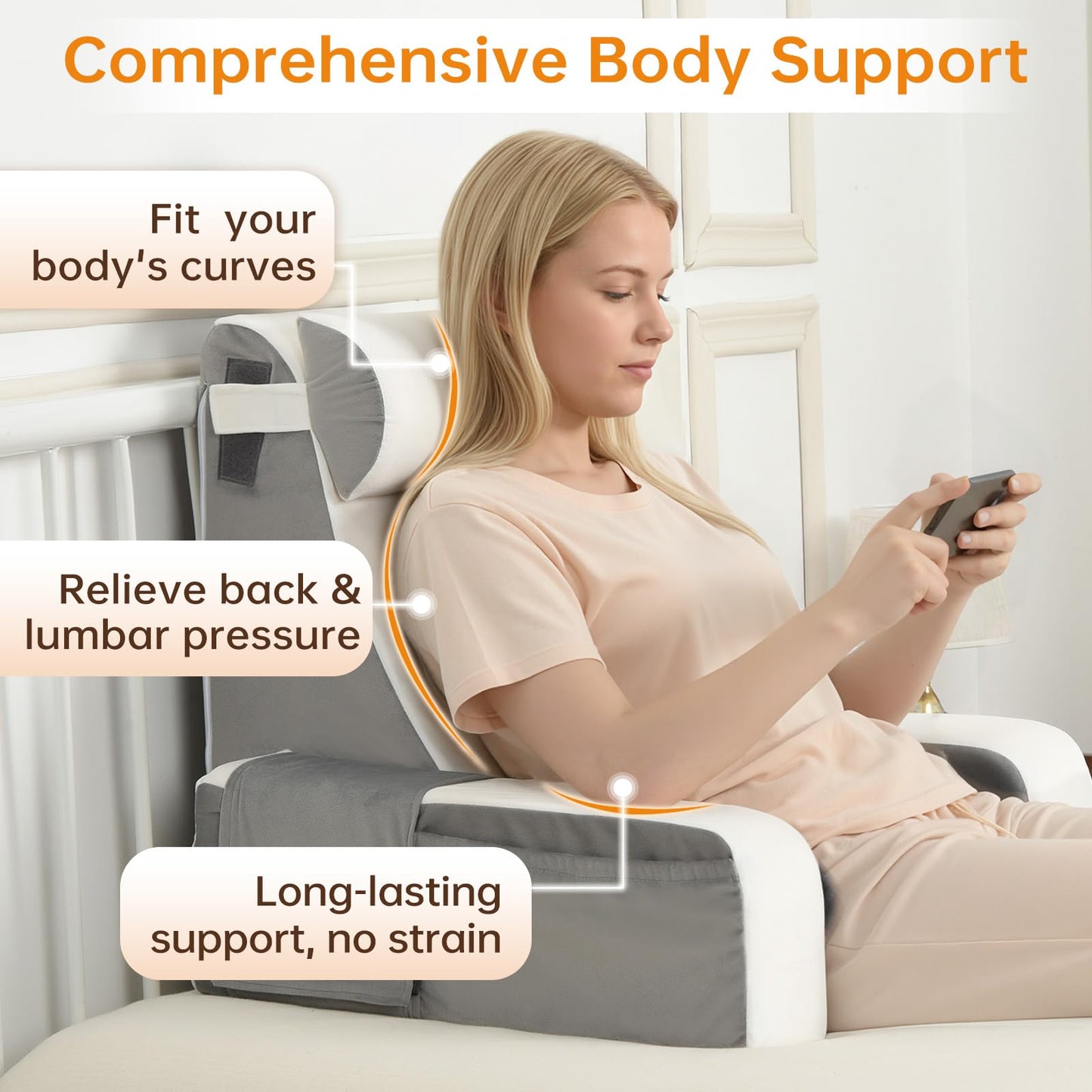 Vekkia 21" Reading Pillow for Sitting in Bed – 60° Ergonomic Wedge Back Pillow, XL Side Pockets, Support Chair for TV, Gaming, Working, Nursing, Recovery in Bed, Floor, Dorm, Great Gift Idea
