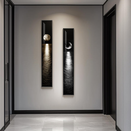 Framed Long Narrow Vertical Moon Wall Art Set of 2, Modern Black White Gold Bright Art Prints Paintings, Night Sea Landscape Pictures for Living Room Entryway Hallway Dining Room Bedroom Wall Decor