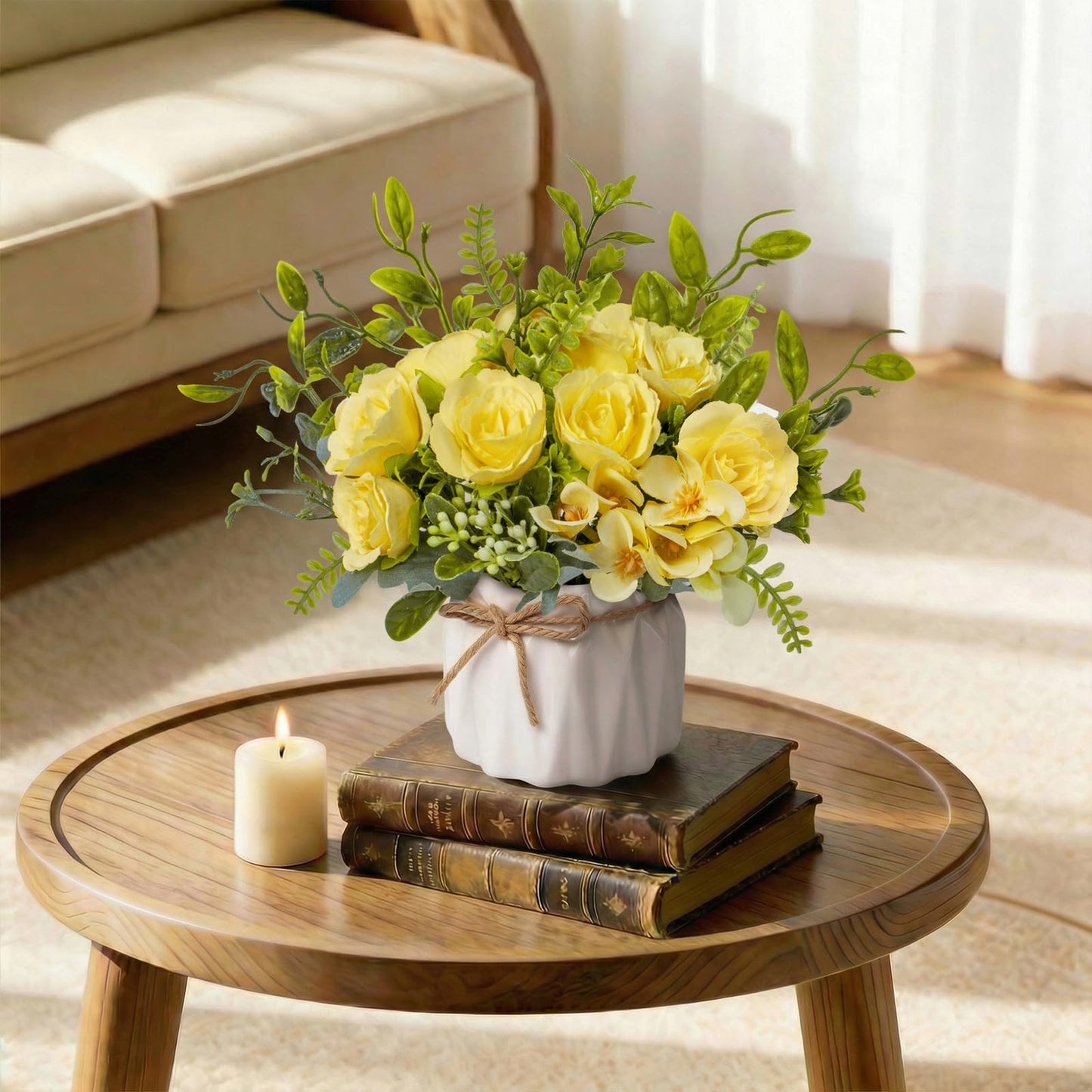 Mandarooker Yellow Artificial Silk Roses with Ceramic Vase, No Maintenance Faux Flower Arrangement, 6.3 Inch Realistic Table Decor for Home Office Wedding
