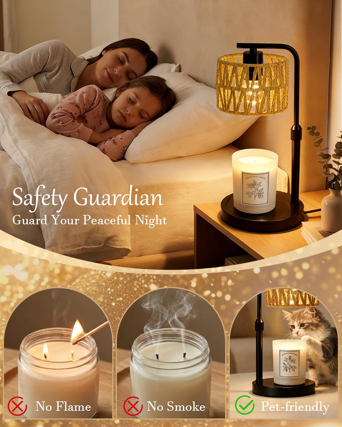 Candle Warmer Lamp, Timer Dimmable Candle Lamp, Adjustable Height and Brightness Candle Warmer, Boho Rattan Lampshade and 2 Bulbs, Suitable for Home Decor, Birthday Gifts for Women Mom (Black)