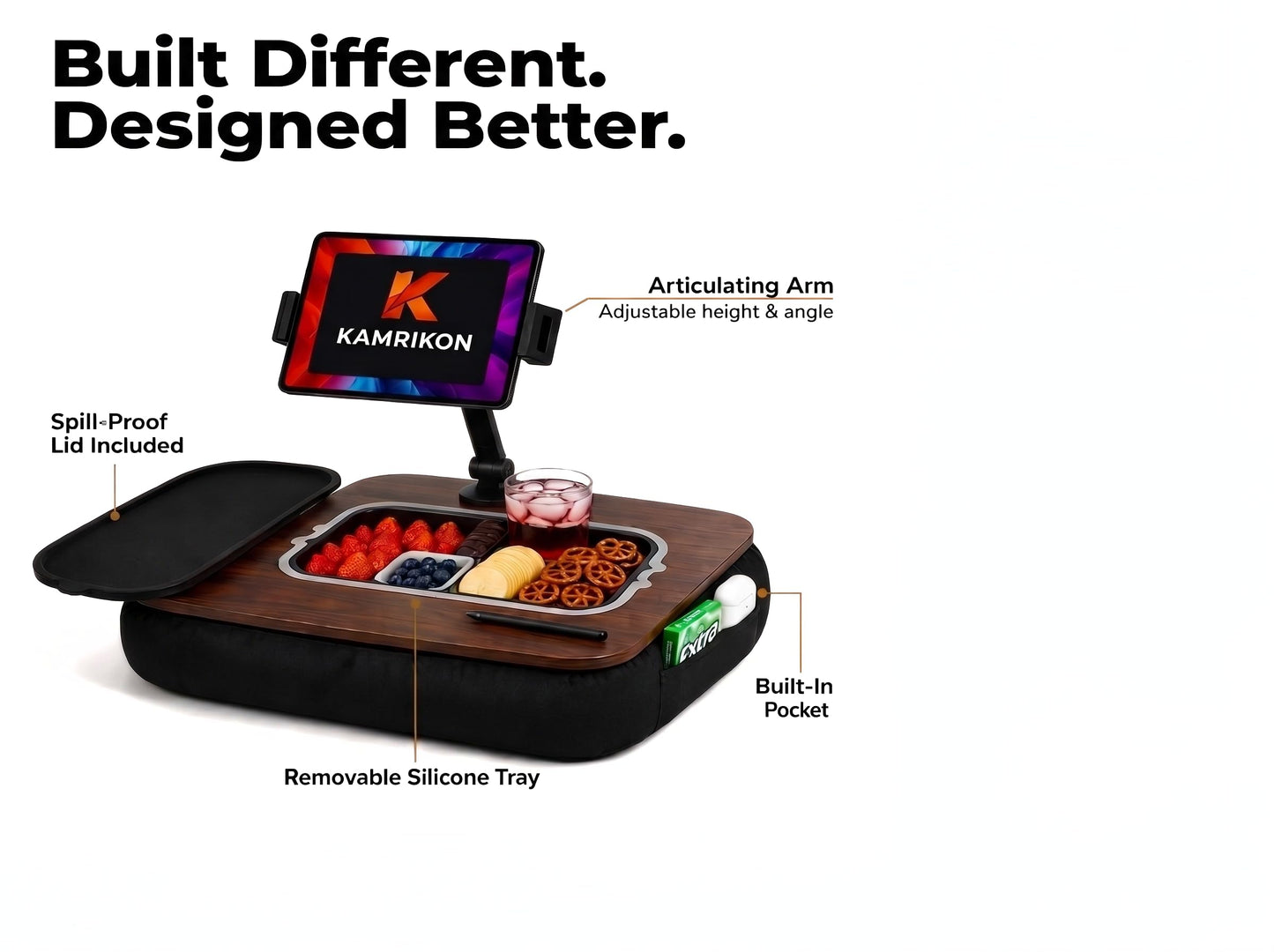 KAMRIKON Pillow Lap Desks for Adults, Adjustable Tablet Holder Fits 4.7-13 Inch Devices, Silicone Snack Tray, Spill-Resistant Lid, Stylus and Bag Included