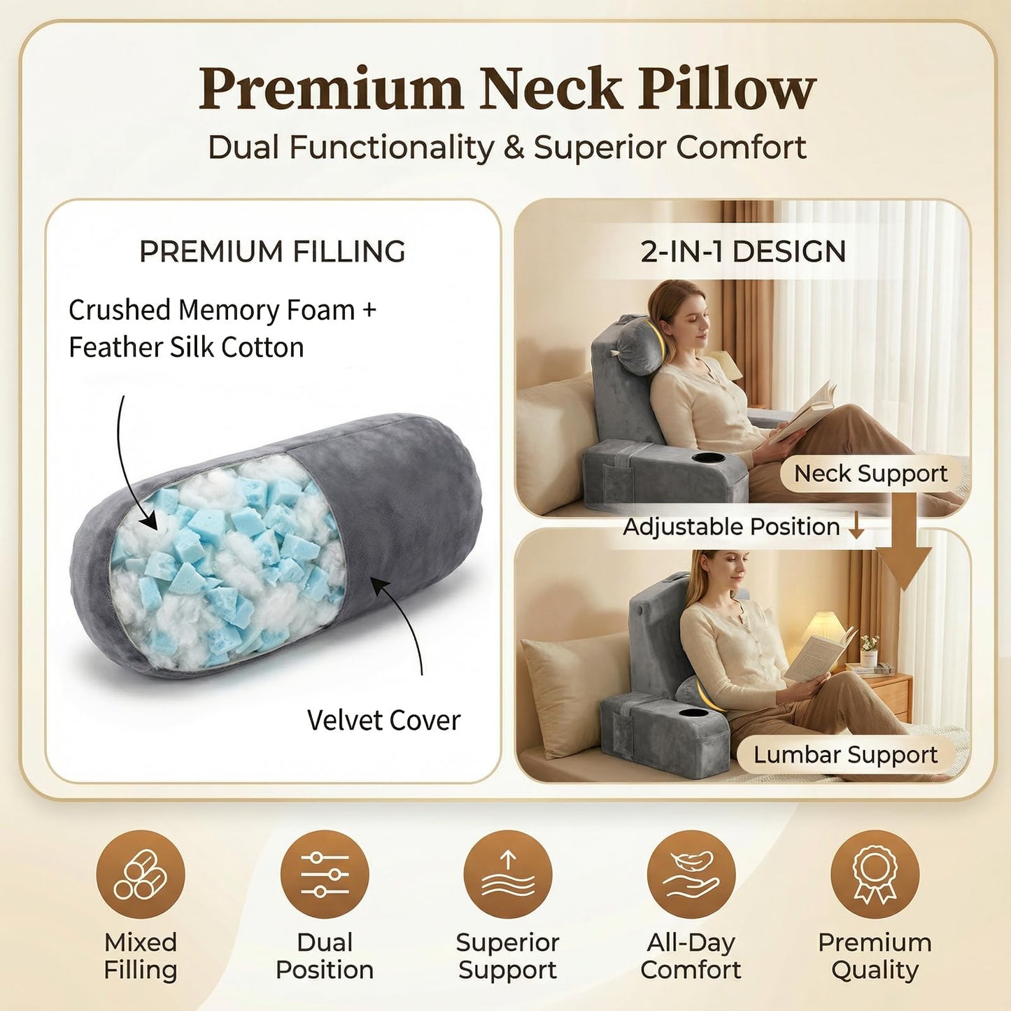 AS AWESLING 21 INCH Reading Pillow for Adults, Back Pillow for Bed Sitting Up, Backrest Pillow for Sitting in Bed, Detachable Arms with Built-in Cup & Phone Caddy (Gray, 21 INCH)
