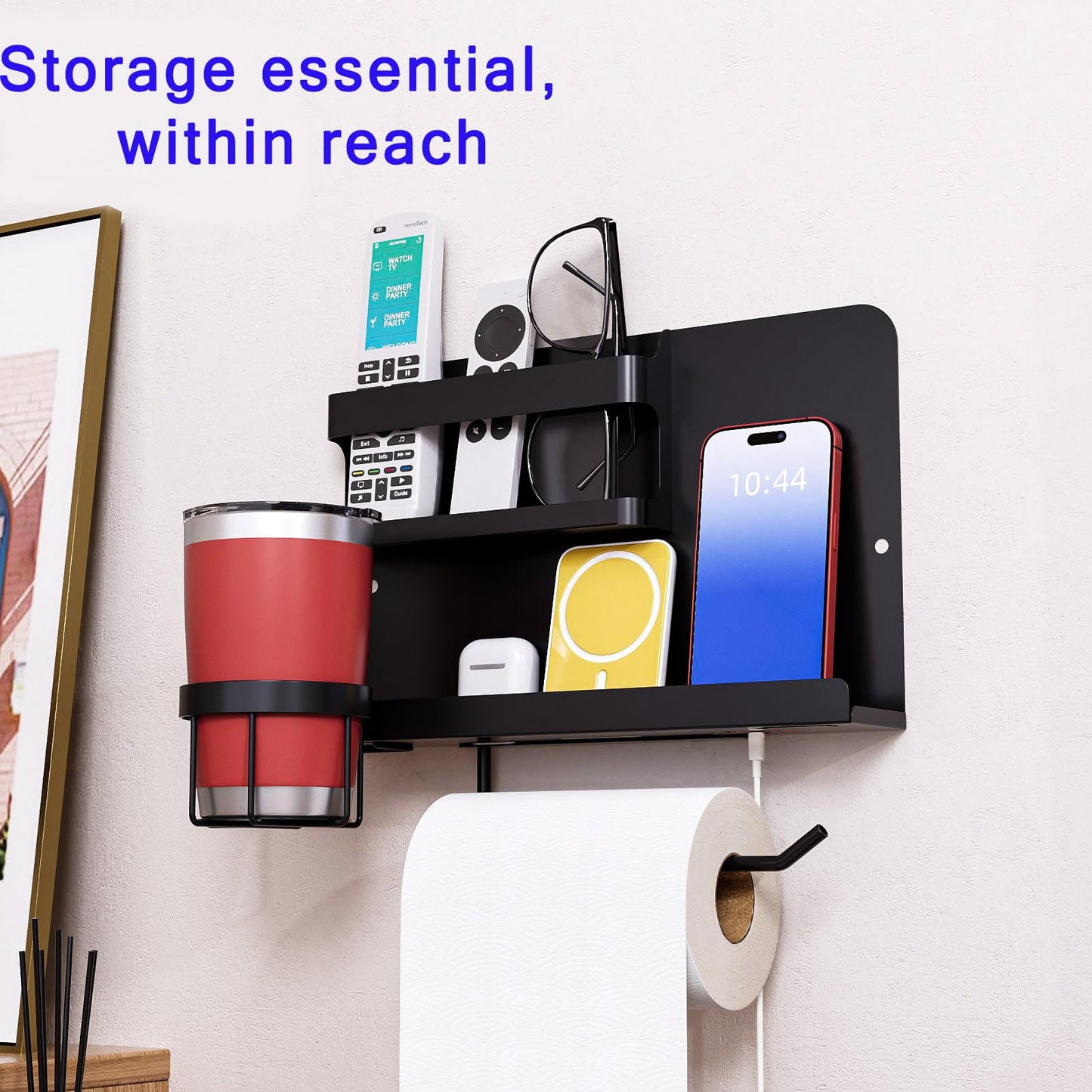 Zptnsl Bedside Shelf for Bed, Metal Floating Nightstand Wall Organizer, No Drill Dorm Room Essentials, Heavy Duty Caddy with Cup Holder & Charging Station for Bunk Bed, Loft, Remote - Matte Black