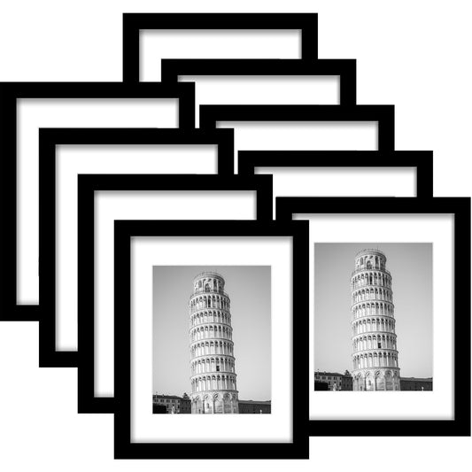 Wiscet 11x14 Picture Frame Set of 9, Display Pictures 8x10 with Mat or 11x14 without Mat, Photo Frame for Wall Mounting or Tabletop Display, Black.