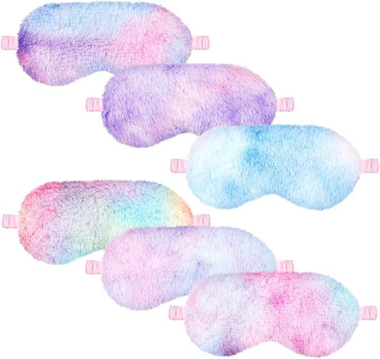 Cuffbow 6 Pcs Plush Sleep Eye Mask Silk Furry Eye Covers for Sleeping Cute Sleep Mask Fluffy Comfortable Sleeping Blindfold for Travel Sleepover Nap Party Supply Women(Tie Dye,Rainbow)