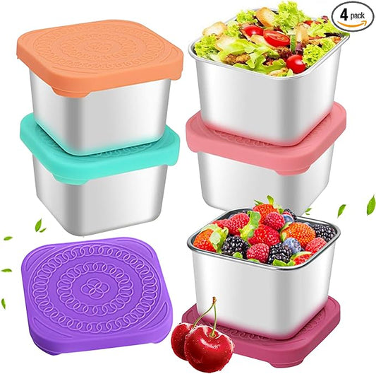 FJDCKJ Stainless Steel Snack Containers, Set of 4 Easy Open Leak Proof Small Food Containers with Silicone Lids, Reusable Metal Lunch Container for Lunch Boxes, Picnics and Travel
