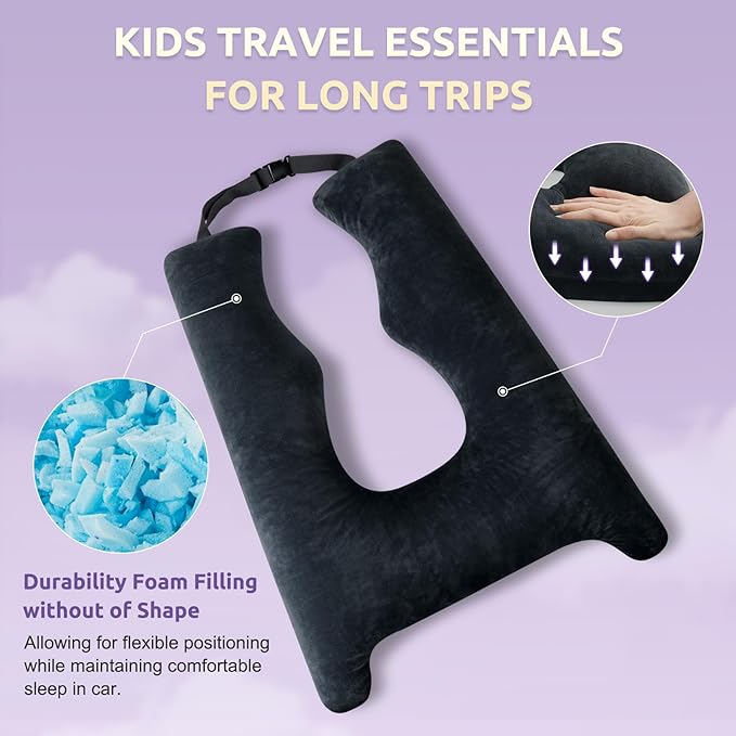 Car Pillow for Kids, Travel Pillow with Adjustable Strap, U-Shaped Pillow for Adults and Children to Support Head and Body Road Trip Essentials (Dark Black)