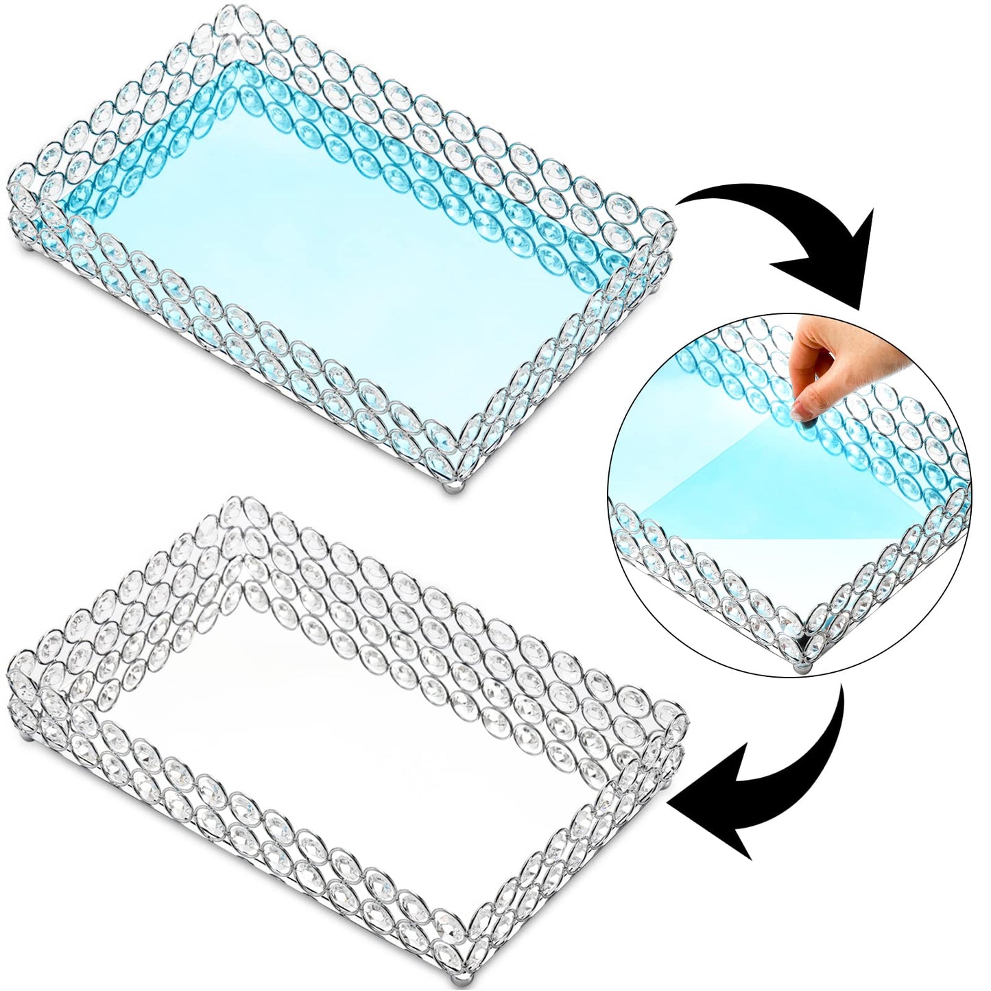 Hedume Crystal Cosmetic Mirrored Makeup Tray, 12.3" x 8", Large Jewelry Organizer, Ornate Decorative Vanity Tray for Dresser, Countertop, Wedding, Home, Bathroom