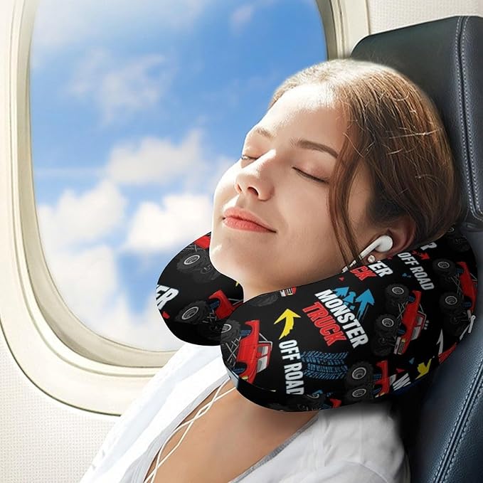 Stylish U Shaped Travel Neck Pillow Memory Foam Chin Support Monster Truck Car Red Black, Breathable Washable Cover for Airplane Car Office Decor