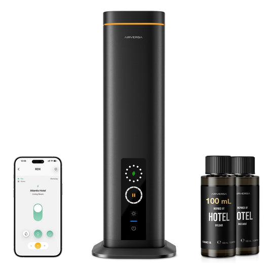 Airversa Waterless Diffuser, Smart Tower Diffuser with App Control, Cold Air Scent Diffuser Oil Machine for Homes Offices Hotels, 300mL Capacity, Up to 1500 sq ft, DC-12V/1A Plug, RDX Black Kit