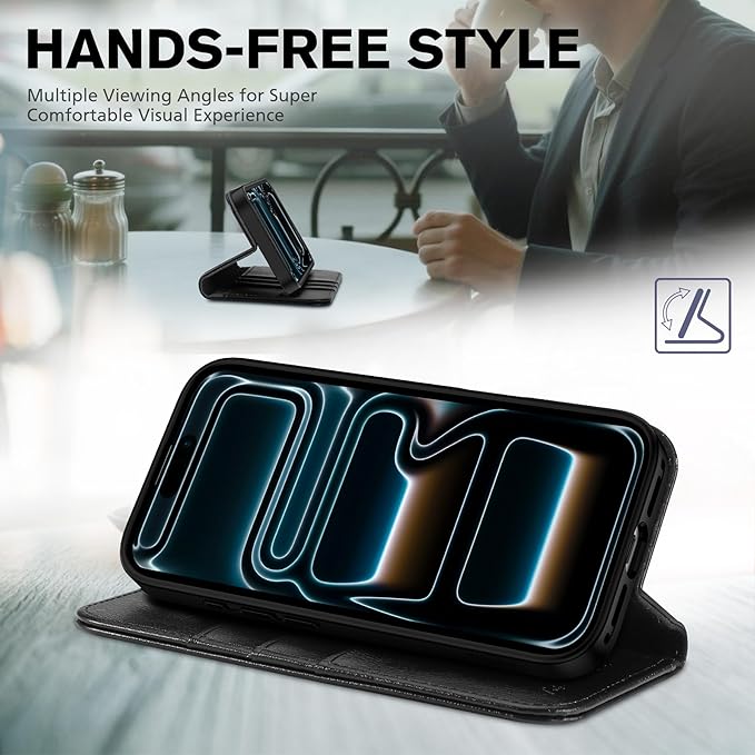 TUCCH Case Wallet for iPhone 17 Pro Max (6.9") 2025, RFID Blocking, 3 Card Holders, Kickstand, PU Leather, Protective Flip Folio Cover, TPU Shockproof Interior Shell, Textured Black