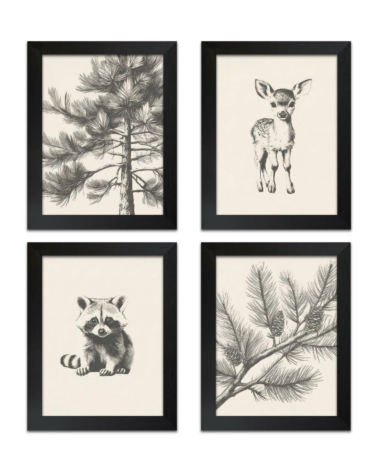 4Pcs Framed Wall Art Set Forest Animal Sketches on Canvas Nature Inspired Gallery Grade Artwork Ideal for Living Rooms Bedrooms and Children's Rooms 8x10 Ready to Hang