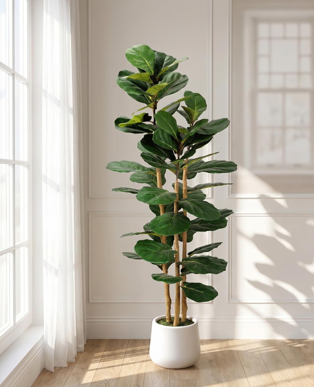 Artificial Fiddle Leaf Fig Tree in Modern White Planter, 5ft Large Fake Tree with 3 Sturdy Trunks, Fake Plants Faux Fig Tree with Moss, Lifelike Tall Artificial Plants Indoor for Office Home Decor