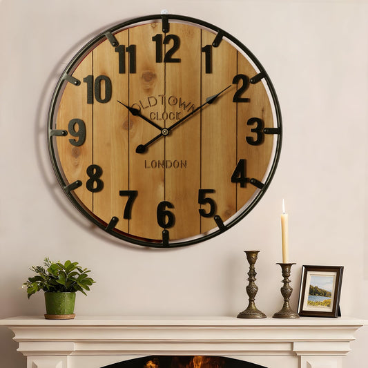 Vantic Farmhouse 30 Inch Extra Large Decorative Wall Clock with Metal Circlee, Oversized Wood Wall Clock with Large Arabic Numeral for Living Room, Bedrooms and Offices, Silent and Battery Operated