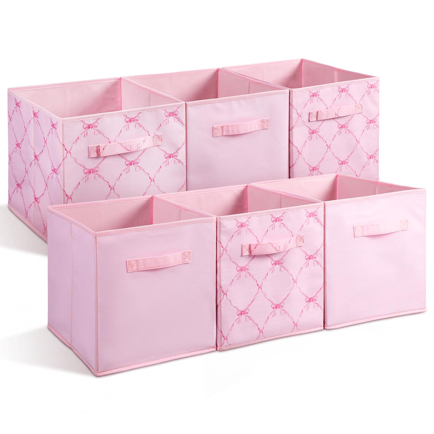 Geelin 6 Pcs Pink and Pink Bow Cube Storage Bins 11 Inch Storage Basket with Handle Cute Preppy Girls Organizer Container Collapsible Fabric Box for Classroom Bedrooms Office Home Decoration Gift
