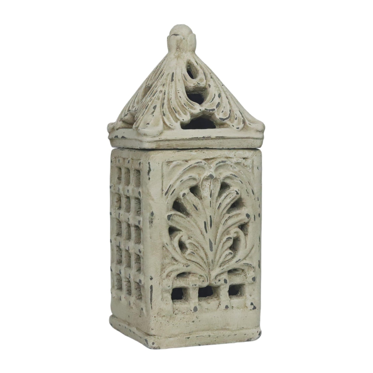 French Country Candle Lantern 15”H Grid-Carved Distressed White Decor Gift