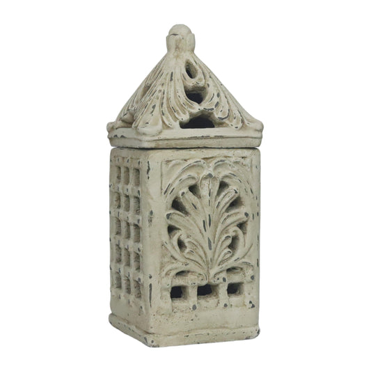French Country Candle Lantern 15”H Grid-Carved Distressed White Decor Gift
